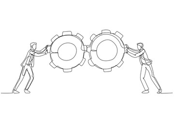 Cartoon of businessman pushing gears wheel concept of business team work. One line art style