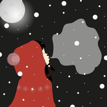 A winter postcard with a little girl with pigtails in a red hoodie with a bubon with steam from her mouth on a background of night sky with moon and falling snow.