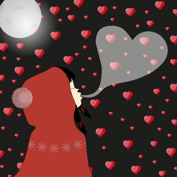A winter postcard with a little girl with pigtails in a red hoodie with a bubon with steam from her mouth on a background of night sky with moon and falling hearts. Valentine concept.