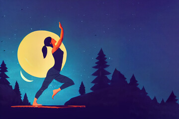 Hand-drawn digital illustration of woman doing yoga meditation, a calm healing atmosphere, can be used for banner background, or healthy sports marketing campaign.