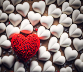 Obraz premium Red festive decorative heart on the background of many white hearts. Generative AI, generative artificial intelligence