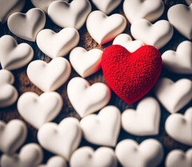 Obraz premium Red festive decorative heart on the background of many white hearts. Generative AI, generative artificial intelligence