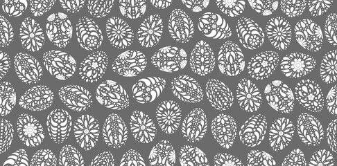 Easter eggs  pattern. Paper cut style. Color painted egg background. Easter symbol. Egg border, banner, frame. Egg hunt vector illustration. Happy Easter print,  backdrop.