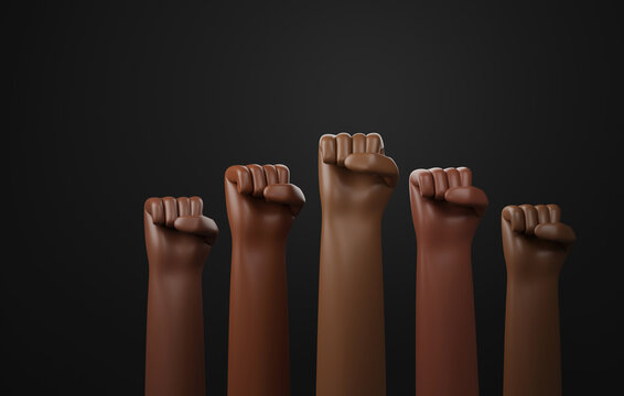 People raising their fists on black background Black history month