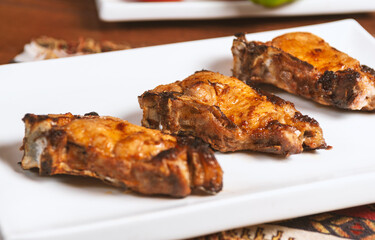 Caucasian shashlik plate with grilled meat .  pork bbq