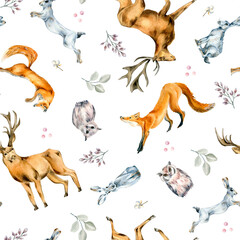 Wild animals, hare, fox, owl, deer watercolor seamless pattern isolated on white. Winter forest print, woodland hand drawn. Design for textile, winter print, background, Christmas wrapping, wallpaper.