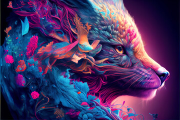 Colored abstract wolf with background. Image created with Generative AI technology.