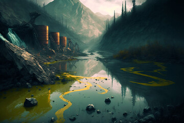 River  poisoning pollution concept caused by dirty toxic technology industry, Generative AI - obrazy, fototapety, plakaty