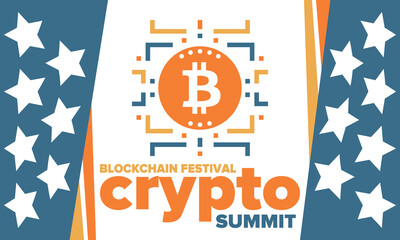 Crypto Summit. Blockchain Festival. Digital money and smart online technology. Finance, banking and business illustration. Cryptocurrency mining. Bitcoin logo. Flat design. Vector poster