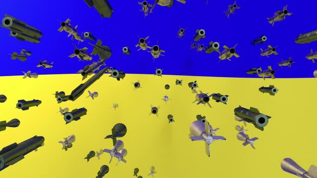 Destructive missiles fall on the flag of Ukraine, 3D animation