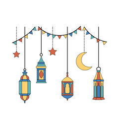 ramadan Kareem, Eid Mubarak Greeting Line icon minimal and simple vector design with beautiful Glowing Lantern and elegant crescent moon star for background and Banner