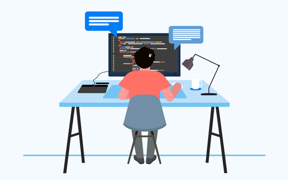 Programmer concentrated at programming screen with codes, developer at work. software engineer.