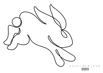 An abstract vector illustration of a rabbit in line art with the text Happy New Year 2023 