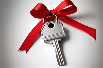 House keys with red ribbon, buying or moving to new home concept, Generative AI