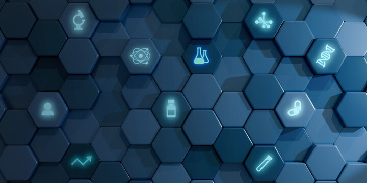 Abstract dark blue geometric background with glowing scientific icons. Future in science research. 3D rendering elements.