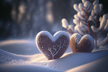 Snow covered fluffy hearts, Generative AI