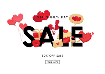 Valentine day sale on white background with valentine elements vector