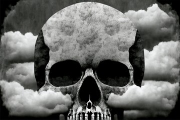 Creepy surreal illustrative black and white art of evil skull and dreamy white clouds, nightmare fuel for the restless mind - Generative AI illustration.
