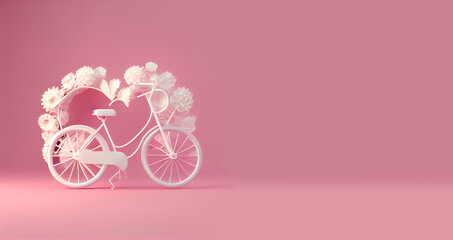 A white bicycle with spinning wheels in the form of hearts 3D render illustration Valentines day, Mothers day, Anniversary, Wedding romance Pink background Horizontal Space for text