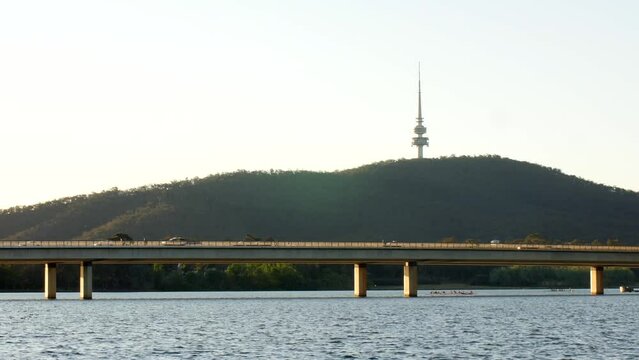 Timelapse of Lake Burley Griffin with view of Black Mountain Tower in Canberra, Australia