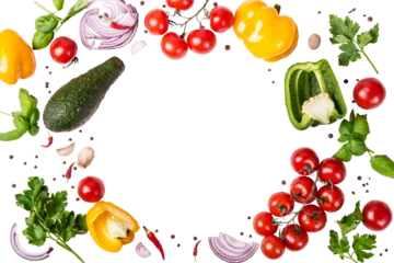  Fresh variety vegetables, spices and herbs frame. Place for text or recipe,  transparent background © colnihko