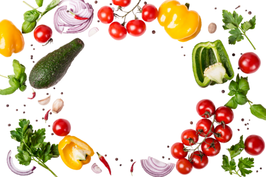 Fresh variety vegetables, spices and herbs frame. Place for text or recipe,  transparent background