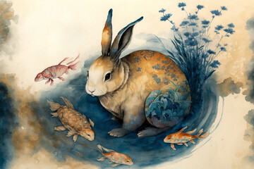Chinese new year 2023 year of the rabbit,  zodiac,   watercolour style,  Generative ai