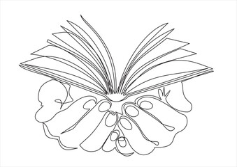 Continuous one line drawing of a hands holding open book flying pages. Human hands holding a book. Vector minimalism design isolated on white background