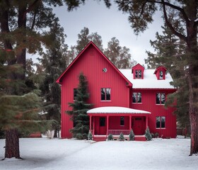 red house in the snow