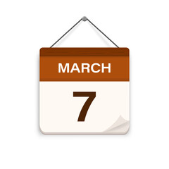 March 7, Calendar icon with shadow. Day, month. Meeting appointment time. Event schedule date. Flat vector illustration. 