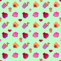 Vector romantic seamless pattern with hearts, berries, sweets and flowers on a green background. Ideal for wrapping paper, decor, textiles.