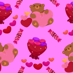 Vector romantic seamless pattern with hearts, cute bears and flowers on a pink background. Ideal for wrapping paper, decor, textiles.