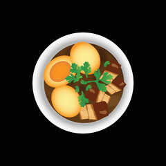 Eggs and sweet pork boiled in brown sauce and in white owl on old brown wooden plank Thai food Stock illustration.