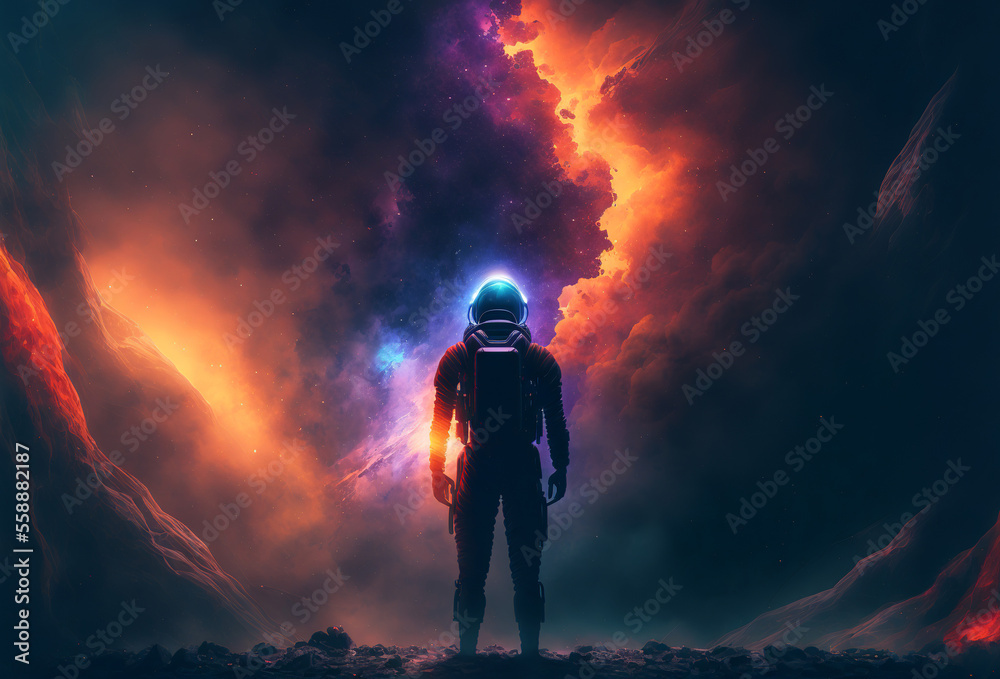 Canvas Prints silhouette of a futuristic astronaut looking out into outer space. generative ai