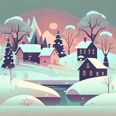 Fototapeta na wymiar Winter landscape. The village in the forest in Flat design. AI generated