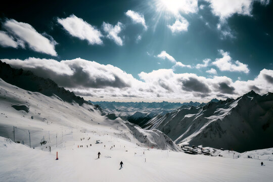 Skiers skiing down the mountain, winter, snow, sunny weather, landscape, Generative AI