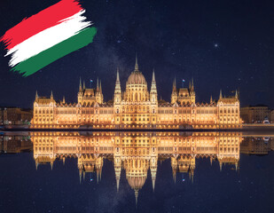 Obraz premium View of parliament building of budapest hungary, evening lights and sky with stars and milkyway and reflection on water
