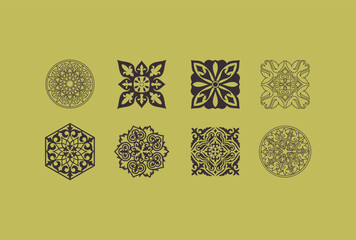 Set of 8 islamic ornaments on yellow background in vector. Circular ornamental arabic symbols. Abstract Asian elements of the national pattern of the ancient nomads of the Kazakhs, Tatars.