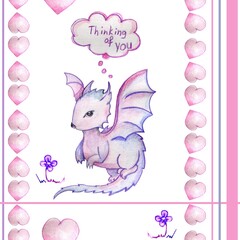 Cute flying dragon with the inscription in the cloud "Thinking of you". Soul pattern. cartoon style