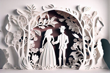 Romantic wedding couple as white paper cut craft (Generative AI)