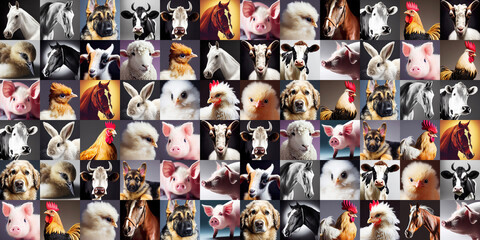 Farm animal studio portrait collage (Generative AI)