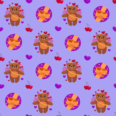 Fototapeta premium Vector romantic seamless pattern with hearts, gift box, cute bears on a blue background. Ideal for wrapping paper, decor, textiles.