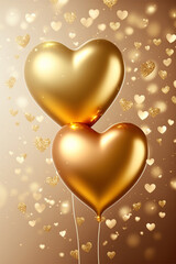 Happy Valentine's day, love is in the air. Golden balloons heart shape, holiday decoration, greeting card, AI generative