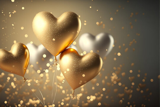 Happy Valentine's day, love is in the air. Golden balloons bunch heart shape, holiday decoration, greeting card, AI generative
