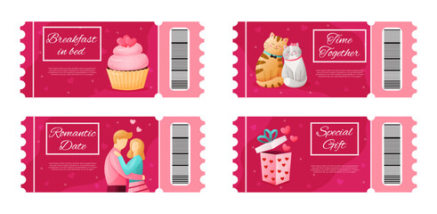 Vector Valentines day coupons for boyfriend. Set of valentin ticket template. Breakfast in bed, romantic date, special gift, time together on pink background.