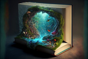 open book coming out of it fantasy images, 3d illustration