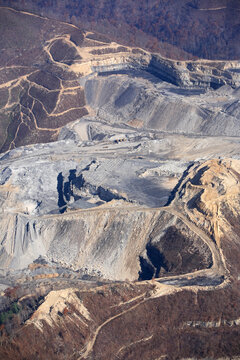 Aerial view of a mountaintop removal coal mining operation near Kayford Mountain, West Virginia.