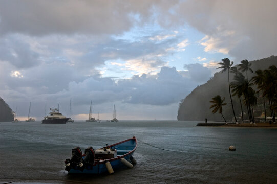 View of a tropical bay in a rainstorm on St. Lucia