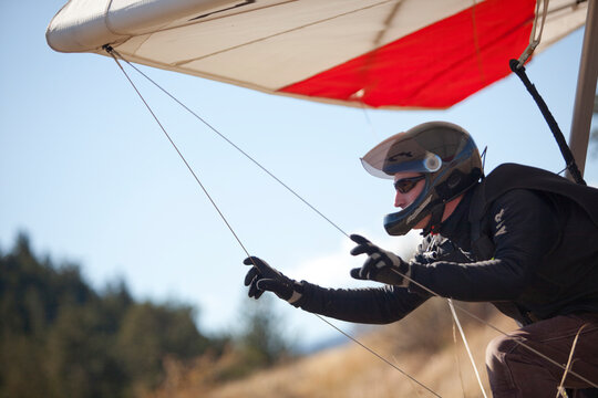 World record hang glider, BJ Herring waits for the right wind while on launch on at Lookout Mountain in Golden, Colorado.