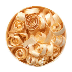 Spiral shaped wood shavings in a round chipwood box. Wooden spirals, made with a hand plane from...
